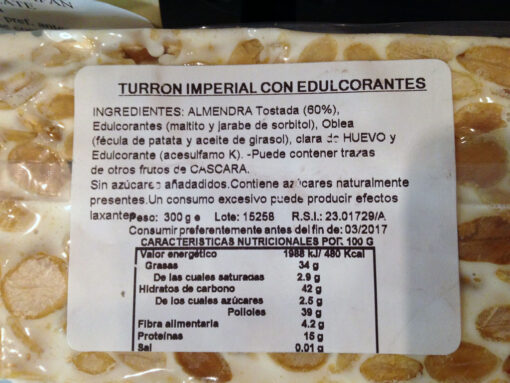 Etiqueta Turrón de Alicante sin azúcar